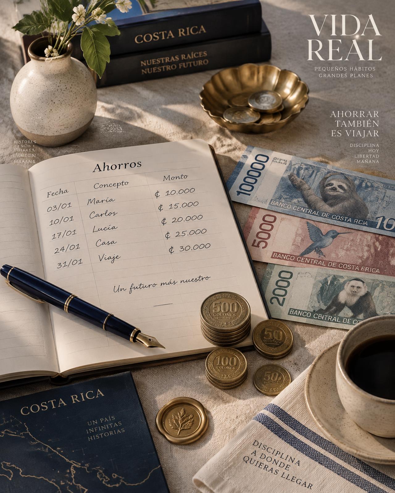 Libreta de ahorro con colones y pluma